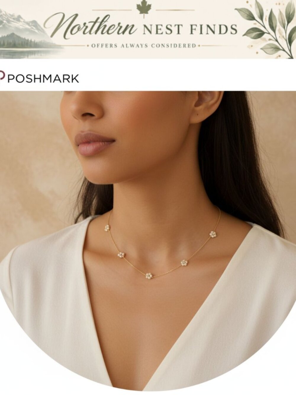 Gold Plated Pearl Daisy Necklace 17in Adjustable Chain
